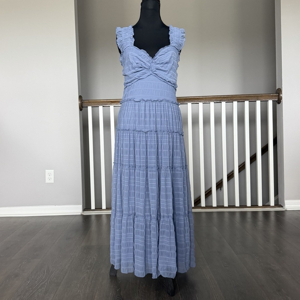 Max Studio NWT Smocked Sleeveless Tiered Midi Dress Large Blue Boho Milkmaid